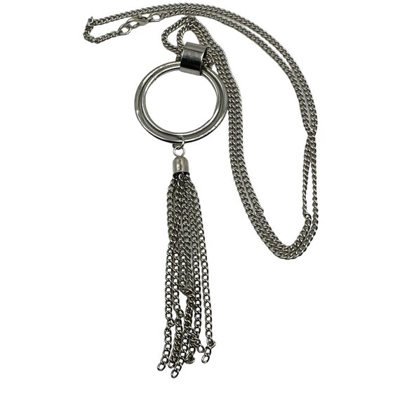 Long Concentric Circle Tassel Pendant Necklace Dangle Silver Tone Link Chain 25" - Picture 1 of 7